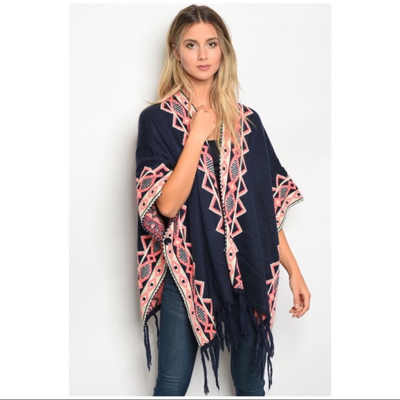 Navy Neon Pink Boho Open Knit Cardigan Sweater NWT - Picture 2 of 4